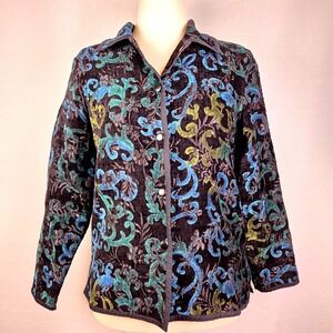 Coldwater Creek‎ Black Floral Tapestry Reversible Jacket Women's Petite M Fairy